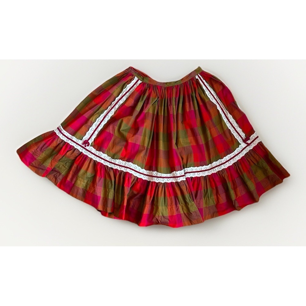 Vintage 1950s Handmade Plaid Full Midi Skirt M Prairie Folk Cottagecore Eyelet